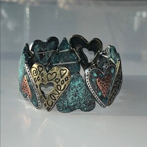 Teal, Gold and Copper Heart Heart Bracelet, Stretch, Indie, Love